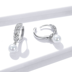 Boucles d’Oreilles Feuilles Brillantes avec Perles Argent Sterling 925 plaqué or blanc avec zircons blancs - Photo 3