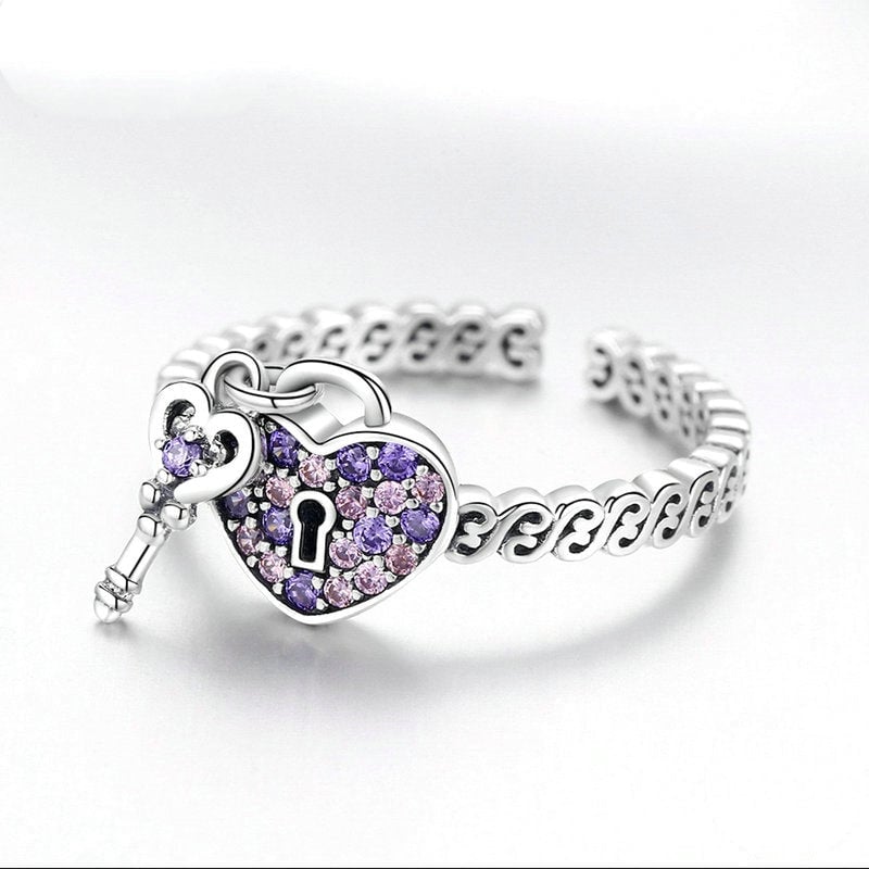Bague Cadenas Coeur en argent 925 plaqué or blanc ajustable avec zircons violets - Photo 4