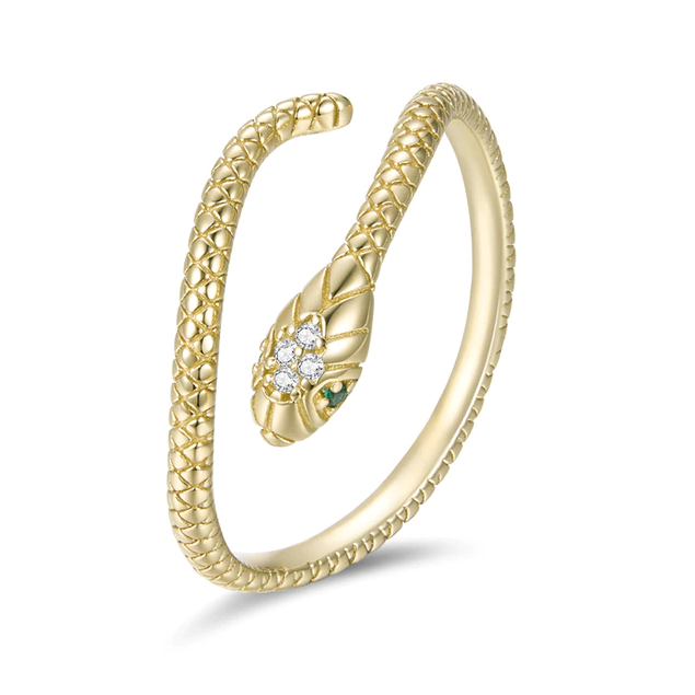 Bague Serpent Cobra Royal en argent 925 plaqué or jaune ajustable avec pavé de zircons blancs et verts