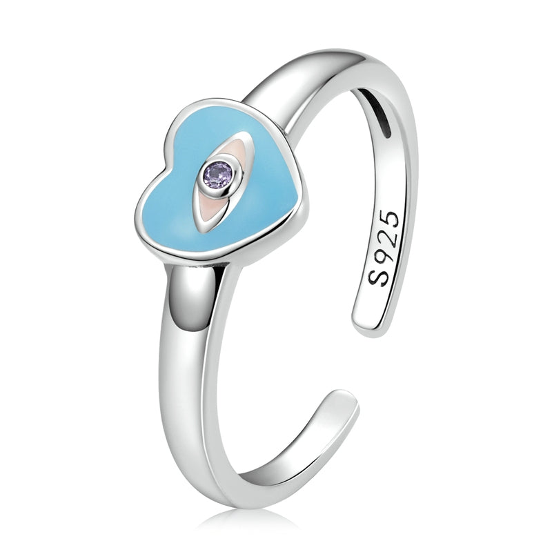 Bague Coeur Bleu en argent 925 plaqué or blanc ajustable émaillé bleu avec zircon violet