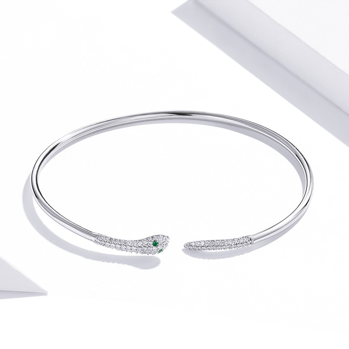 Bracelet Serpent en argent 925 plaqué or blanc jonc rigide avec zircons blancs et verts - Photo 3
