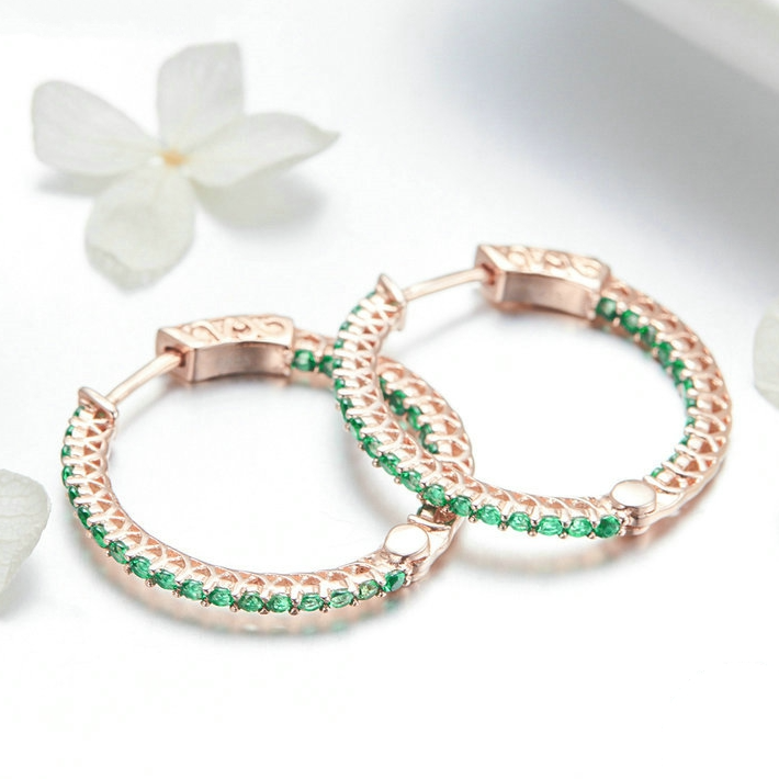 Boucles d’Oreilles Créoles Brillants en argent 925 plaqué or rose avec zircons verts - Photo 5