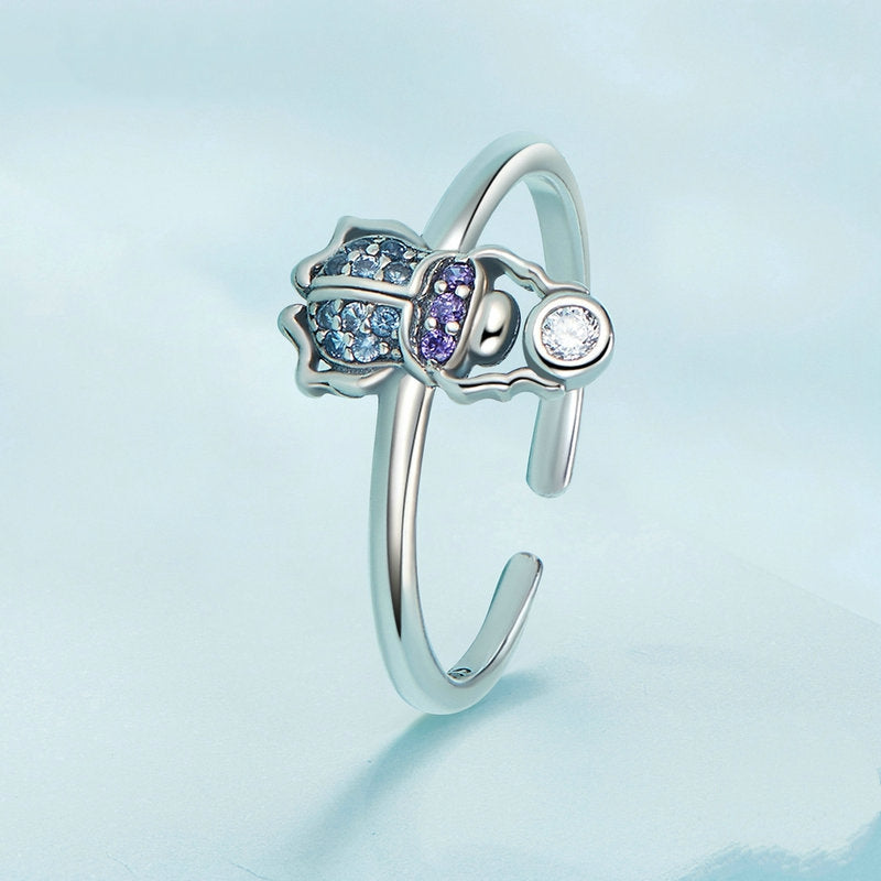 Bague Scarabée en argent 925 plaqué or blanc ajustable avec zircons colorés - Photo 3