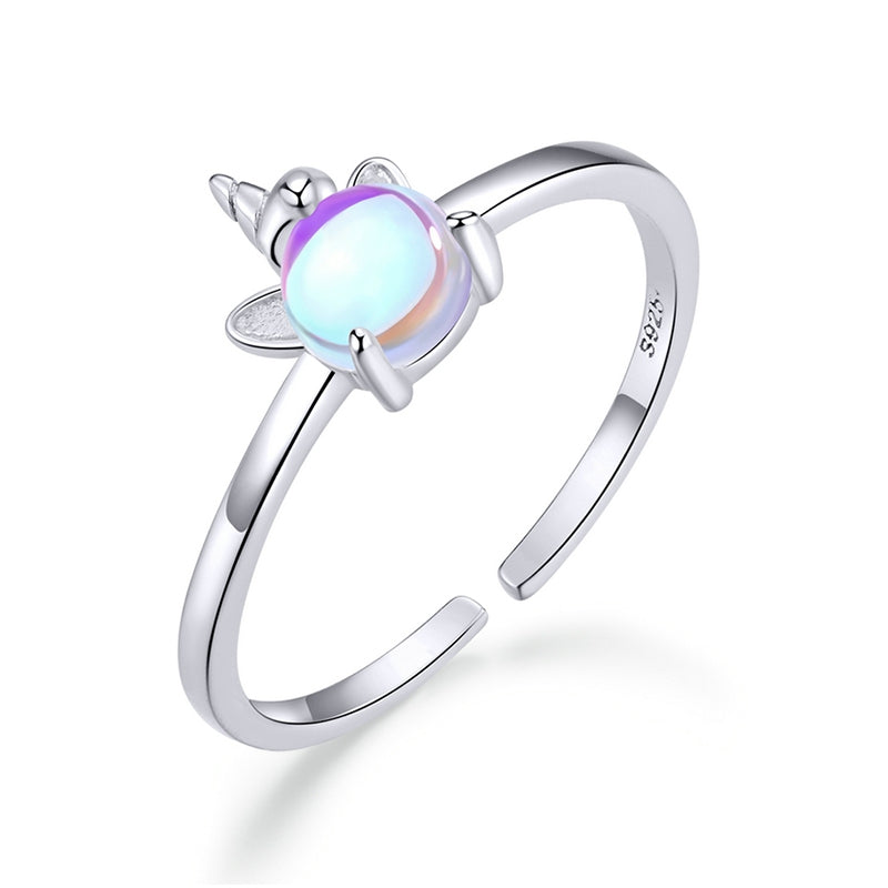 Bague Licorne en argent 925 plaqué or blanc ajustable avec pierre de lune
