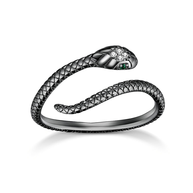 Bague Serpent Cobra Royal en argent 925 plaqué or noir ajustable avec pavé de zircons blancs et verts