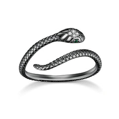 Bague Serpent Cobra Royal en argent 925 plaqué or noir ajustable avec pavé de zircons blancs et verts