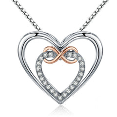 Collier Double Coeur avec Infini en argent 925 plaqué or blanc et or rose ajustable avec zircons blancs
