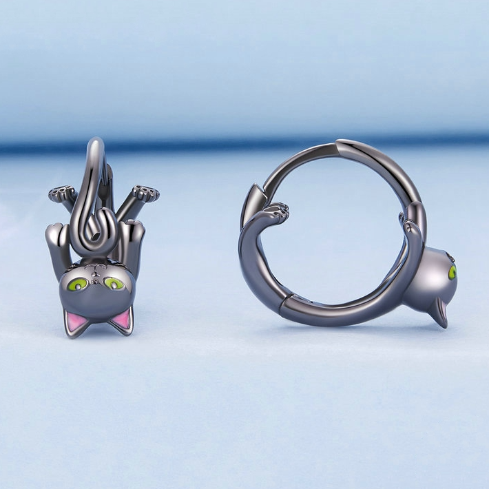 Boucles d’Oreilles Créoles Chat Noir Argent Sterling 925 plaqué noir avec détails émaillés - Photo 3