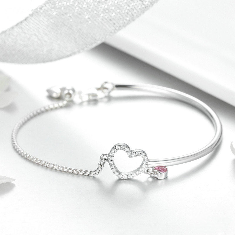 Bracelet Coeur Lumineux jonc en argent 925 plaqué or blanc ajustable avec zircons blancs et rose - Photo 3