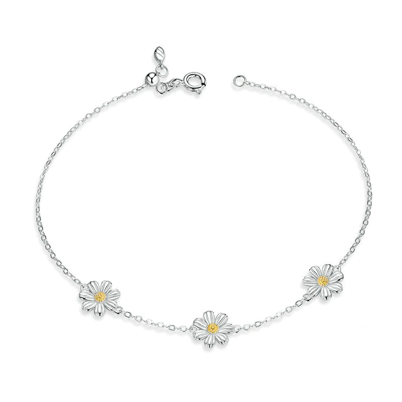 Bracelet Marguerites en argent 925 plaqué or blanc ajustable