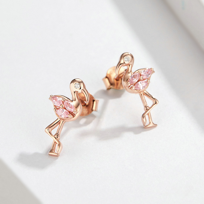 Boucles d’Oreilles Flamant Rose Puces en Argent Sterling 925 plaqué or rose avec zircons roses et blancs - Photo 3