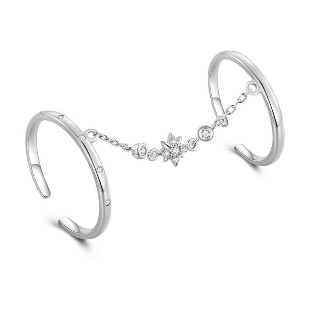 Bague Bouble avec Chaîne en argent 925 plaqué or blanc ajustable avec zircons blancs