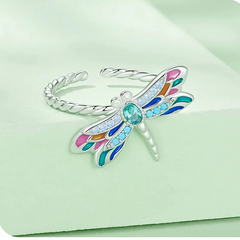 Bague Libellule en argent 925 plaqué or blanc ajustable émaillé à la main avec zircons colorés - Photo 3