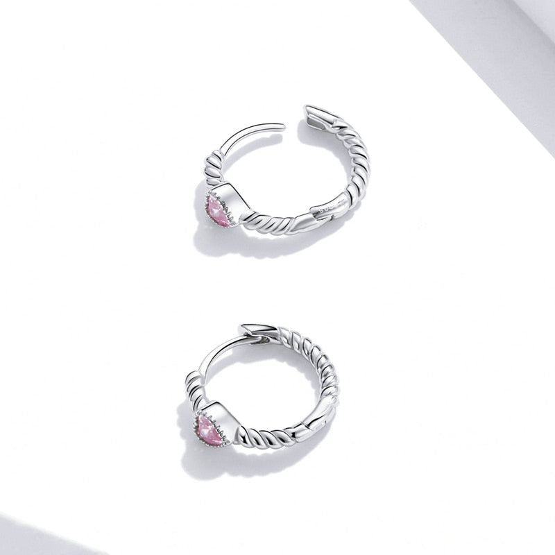 Boucles d’Oreilles Créoles Coeurs en argent 925 plaqué or blanc avec zircons roses - Photo 5
