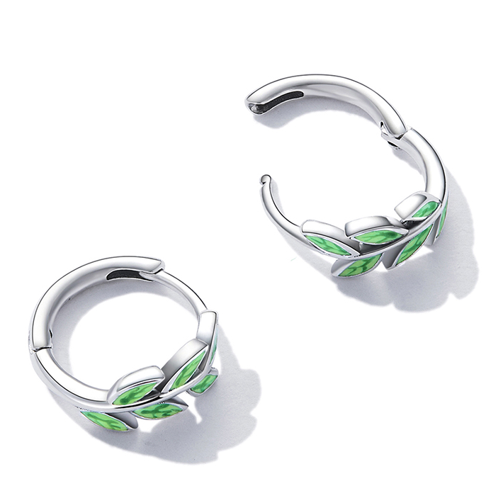 Boucles d’Oreilles Créoles Feuilles en argent 925 plaqué or blanc émaillées vertes - Photo 4
