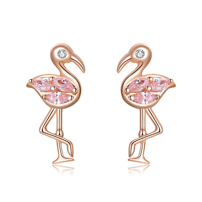 Boucles d’Oreilles Flamant Rose Puces en Argent Sterling 925 plaqué or rose avec zircons roses et blancs