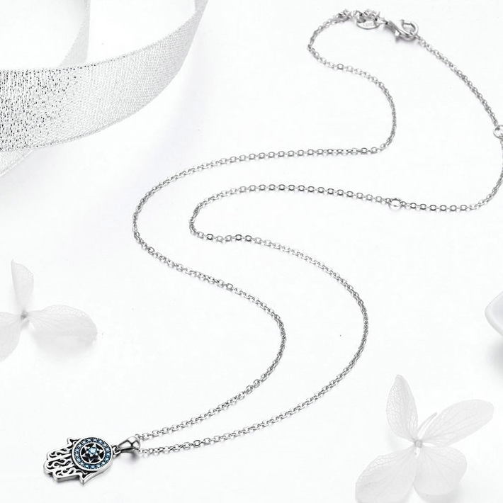 Collier Hamsa Brillant Argent Sterling 925 plaqué or blanc avec zircons bleus - Photo 3