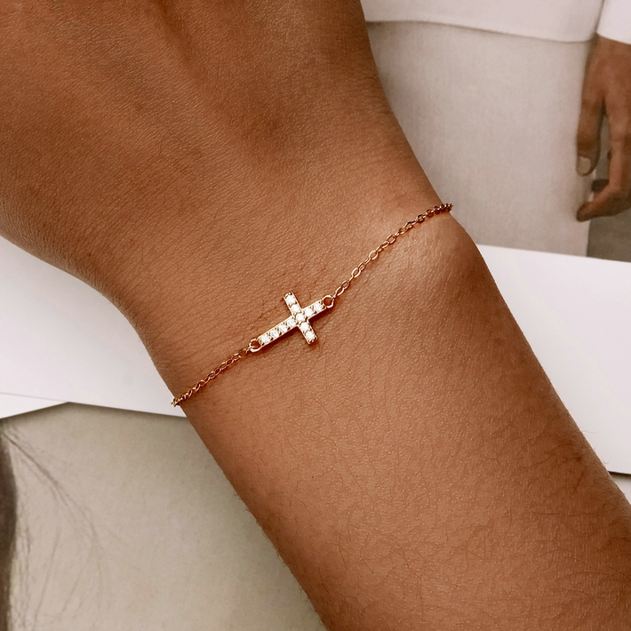 Bracelet avec Croix en argent 925 plaqué or jaune ajustable avec zircons blanc - Photo 3