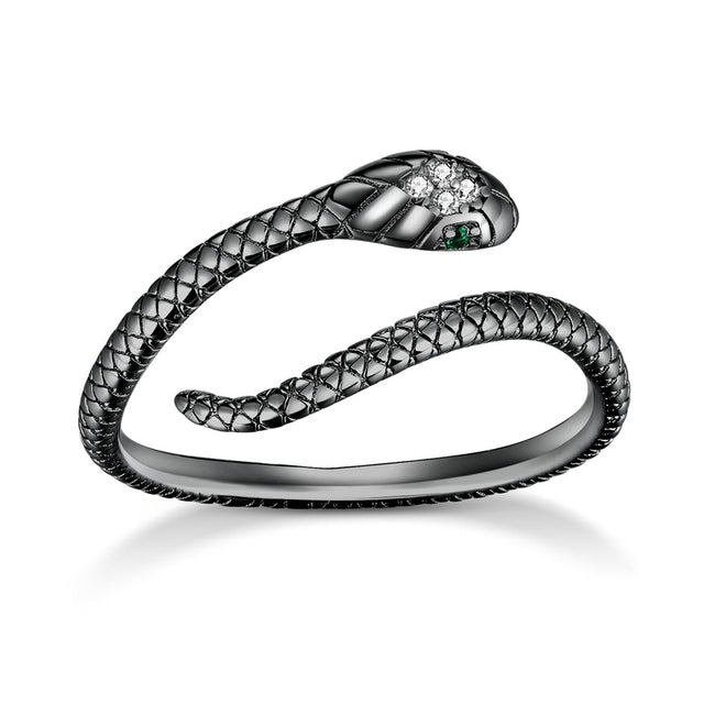 Bague Serpent Cobra Royal en argent 925 plaqué or noir ajustable avec pavé de zircons blancs et verts - Photo 4