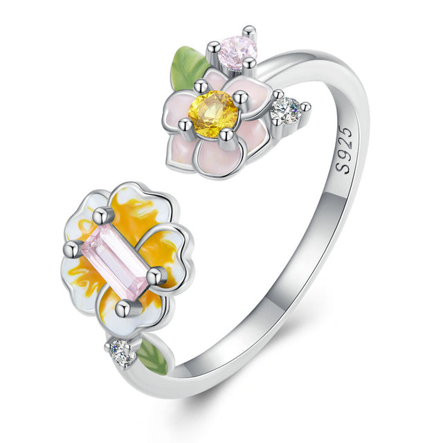Bague Fleurs en argent 925 plaqué or blanc ajustable émaillé à la main avec zircons colorés