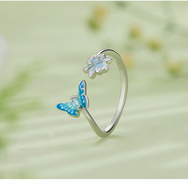 Bague Papillon avec Fleur en argent 925 plaqué or blanc ajustable émaillée à la main avec zircon bleu et opale - Photo 4