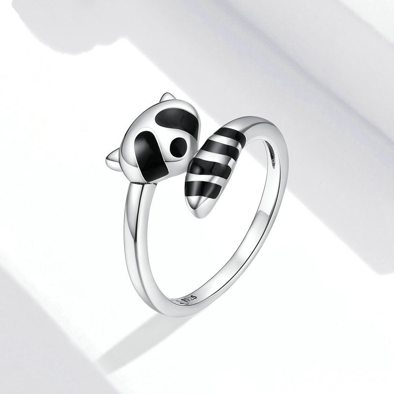 Bague Raton Laveur en argent 925 plaqué or blanc émaillé noir ajustable - Photo 4