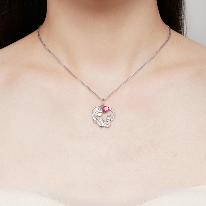 Collier Mère et Fils en argent 925 plaqué or blanc ajustable avec zircons blancs et rouge - Photo 2
