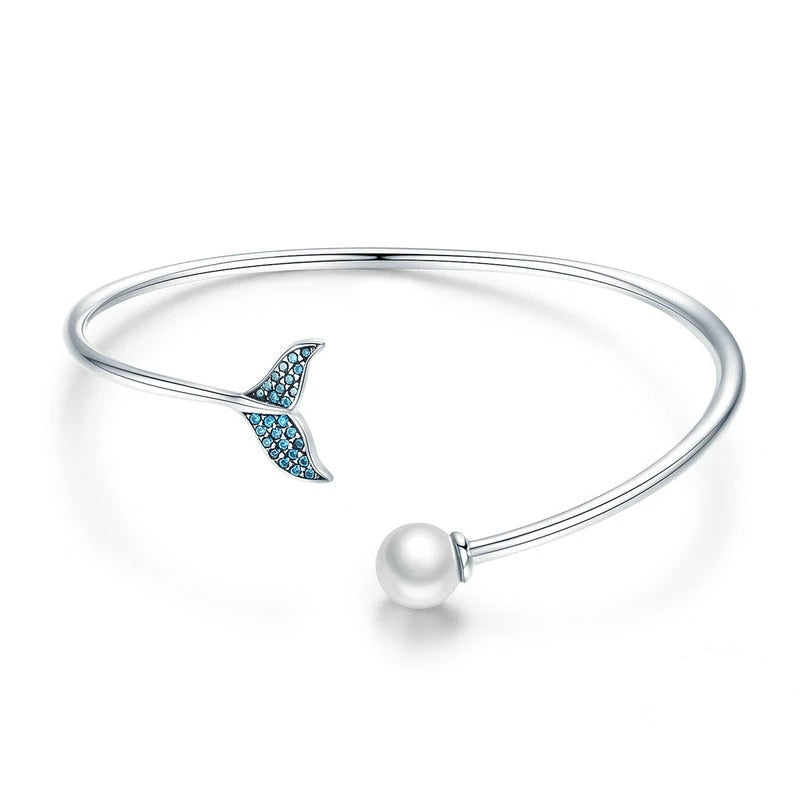 Bracelet Sirène avec Perle jonc en argent 925 plaqué or blanc avec perle et zircons bleus