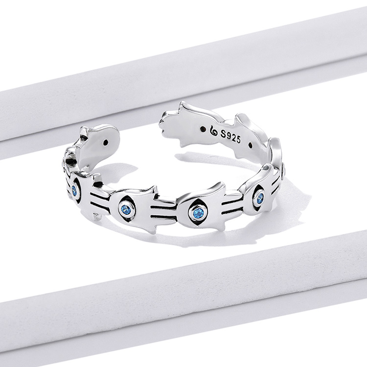 Bague Hamsa en argent 925 plaqué or blanc ajustable avec zircons bleus - Photo 3