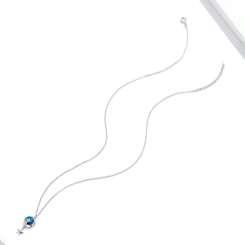 Collier Chat sur la Lune en argent 925 plaqué or blanc avec pendentif émaillé bleu - Photo 5
