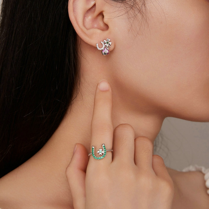 Bague Porte-Bonheur en argent 925 plaqué or blanc ajustable avec zircons verts - Photo 2
