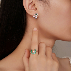 Bague Porte-Bonheur en argent 925 plaqué or blanc ajustable avec zircons verts - Photo 2