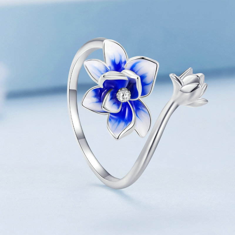 Bague Fleur de Lotus en argent 925 plaqué or blanc ajustable émaillé à la main - Photo 4