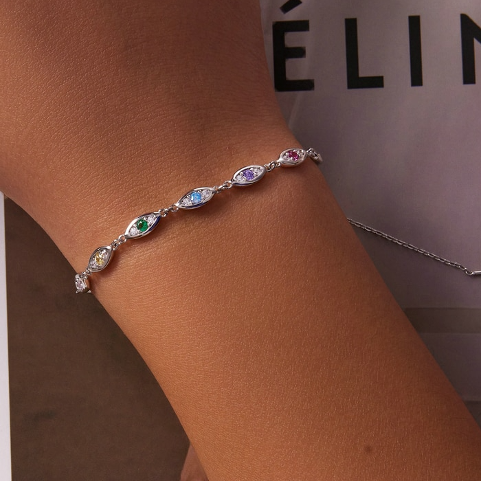 Bracelet Yeux Protecteurs en argent 925 plaqué or blanc ajustable avec zircons colorés - Photo 2