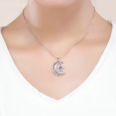 Collier Lune et Étoile Argent Sterling 925 plaqué or blanc avec zircons blancs et bleus - Photo 2