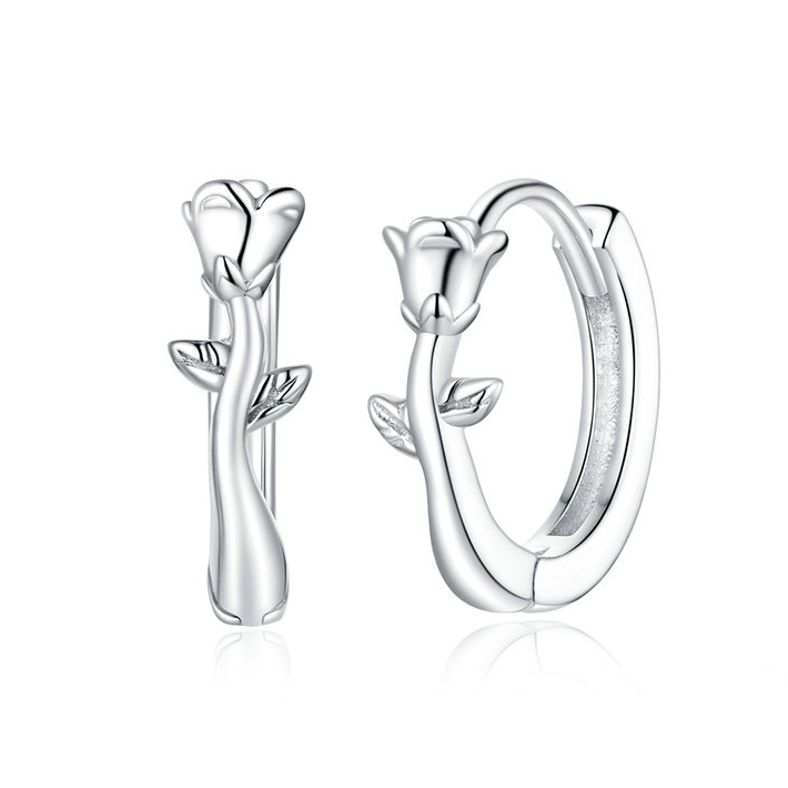 Boucles d’Oreilles Créoles Roses en argent 925 plaqué or blanc