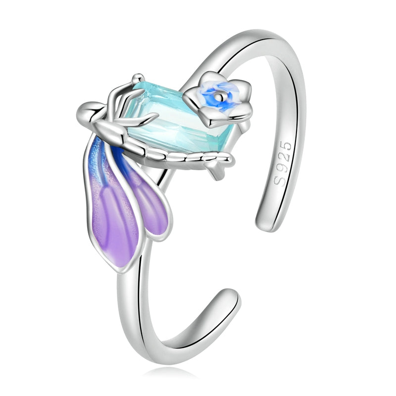 Bague Libellule en argent 925 plaqué or blanc ajustable émaillé à la main