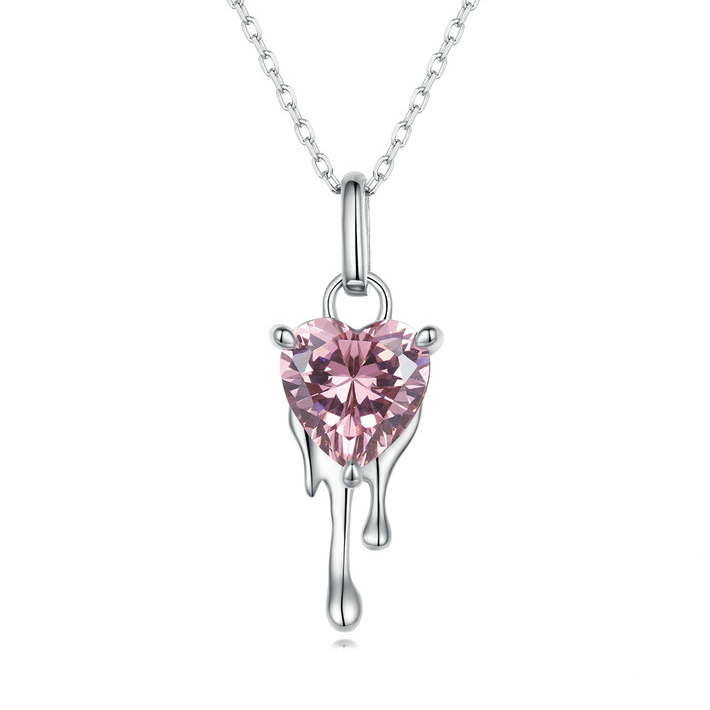 Collier Coeur Rose en argent 925 plaqué or blanc ajustable avec zircon rose