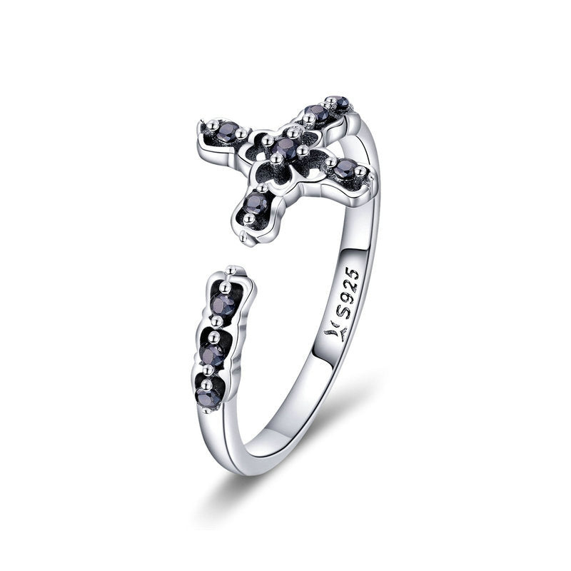 Bague Croix en argent 925 plaqué or blanc ajustable avec zircons noirs