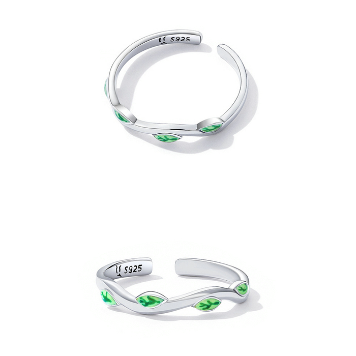 Bague Feuilles Vertes en argent 925 plaqué or blanc ajustable émaillé à la main - Photo 4
