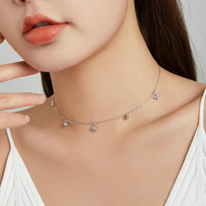 Collier Coquillages en argent 925 plaqué or blanc ajustable avec zircons colorés - Photo 2