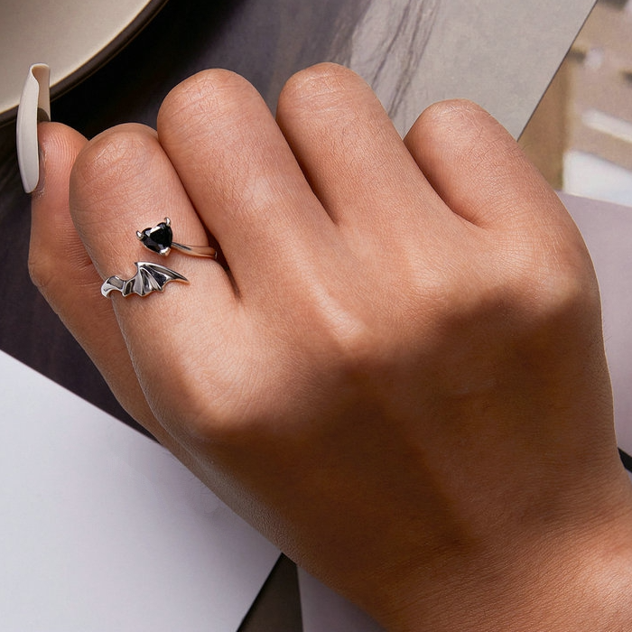 Bague Coeur Noir en argent 925 plaqué or blanc ajustable avec zircon noir - Photo 2