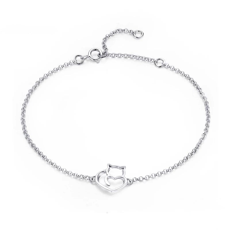 Bracelet Chat avec Coeur en argent 925 plaqué or blanc avec fermoir ajustable