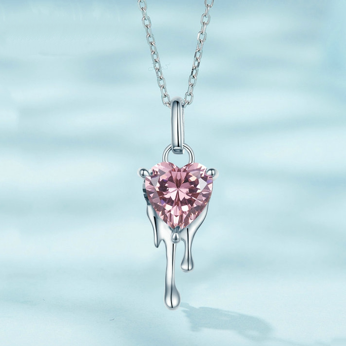 Collier Coeur Rose en argent 925 plaqué or blanc ajustable avec zircon rose - Photo 3