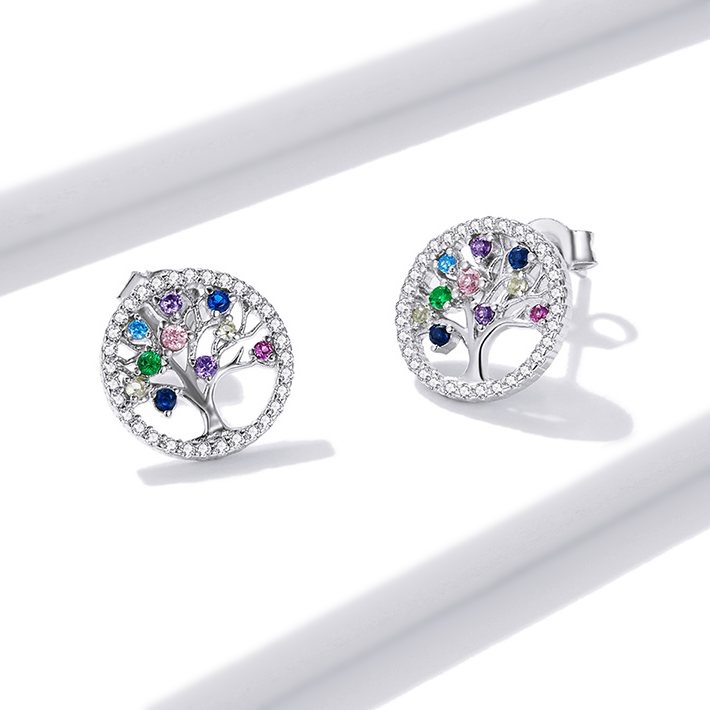 Boucles d’Oreilles Arbre de Vie Puces en Argent Sterling 925 plaqué or blanc avec pavé de zircons colorés - Photo 5