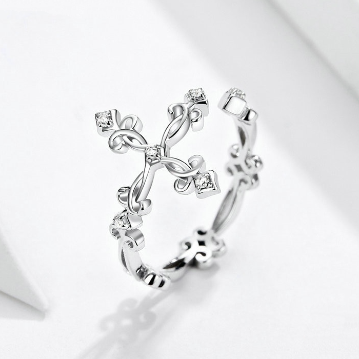 Bague Croix Ancienne en argent 925 plaqué or blanc ajustable avec zircons blancs - Photo 3