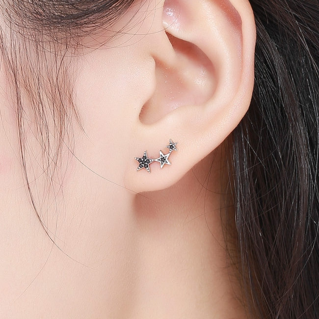Boucles d’Oreilles Étoiles Noires Puces en Argent Sterling 925 plaqué or blanc avec pavé de zircons noirs - Photo 2