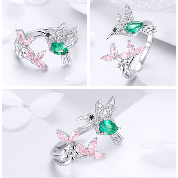 Bague Colibri en argent 925 plaqué or blanc ajustable avec zircons colorés - Photo 4