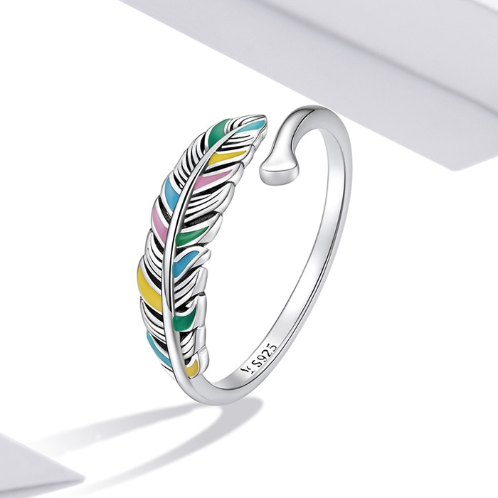 Bague Plume en argent 925 plaqué or blanc ajustable émaillé à la main - Photo 3