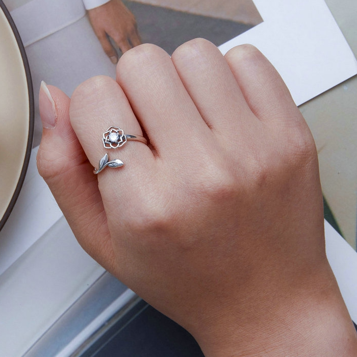 Bague Rose en argent 925 plaqué or blanc ajustable avec zircon blanc - Photo 5